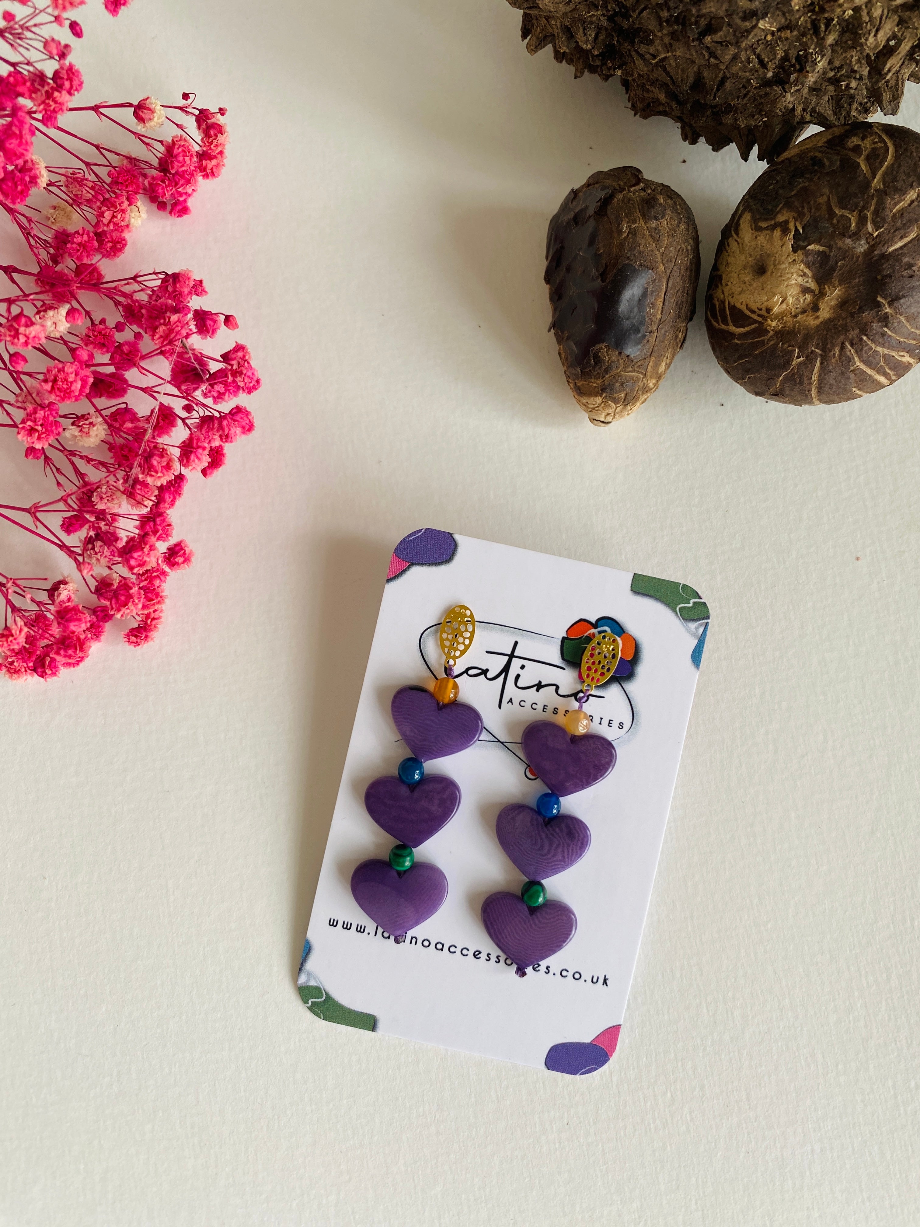 Three Hearts Tagua Earrings - Purple